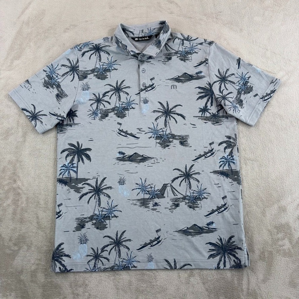 Travis Mathew‎ Performance Golf Hawaiian Polo Shirt Men Large Grey Palm Trees